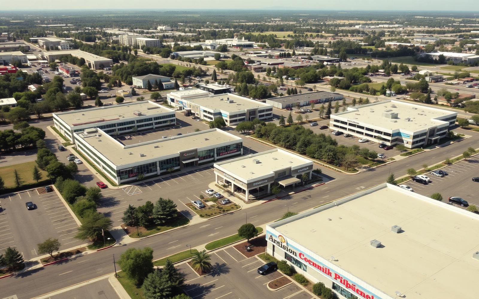 Aerial view of a commercial property district